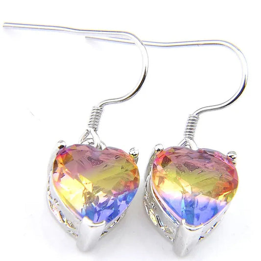 Heart Cut Shine Dazzling Fire Rainbow Tourmaline Gemstone Silver Dangle Earrings for Women Wedding Holiday Friends