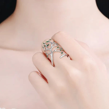 925 Sterling Silver Tree of Life Green Tree Leaves Adjustable Finger Rings for Women Sterling Silver Jewelry Wedding Party Gift