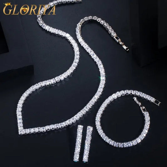 Gloriya Luxury Wedding Party Jewellery Sets Setting Shiny Cubic Zirconia Tennis Bridal Necklace Earrings and Bracelet Set
