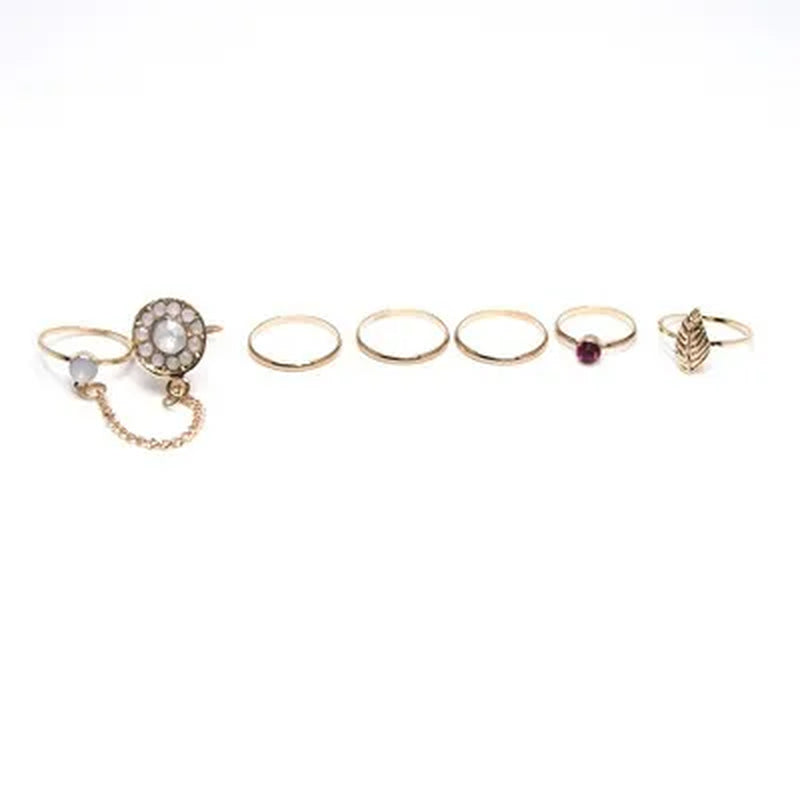 7Pcs Fashion Elegant Retro Inlaid Ruby Chain Ring Set(Color: Gold)