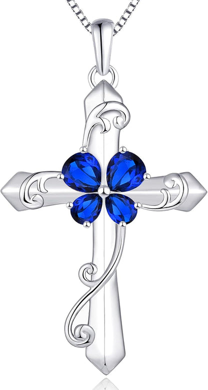Women'S Butterfly Cross Necklace Sterling Silver Birthstones Leaves Pendant Crucifix Jewelry for Women