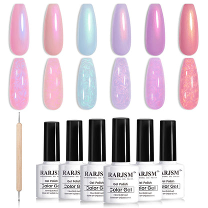 Pearlescent Gel Nail Polish Set Mermaid Dreams Iridescent Shell Glitter Gel Polish 6 Colors Pink Blue Green Purple Gold Shimmer Swirl Thread Effect Soak off LED UV Curing Requires Home Salon