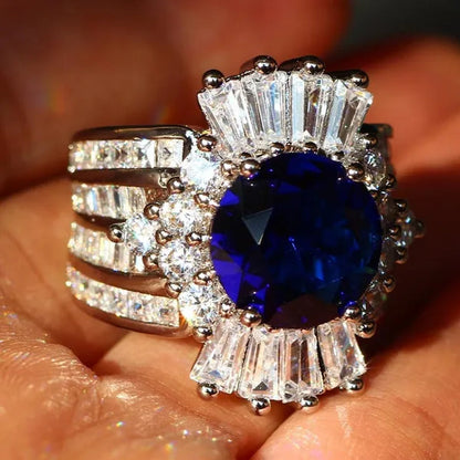 So Beautiful  Silver Natural Gemstones Sapphire And White Sapphire Wedding Birthstone Bride Engagement Anniversary Brand Big Ring Jewelry Size 6 7 8 9 10