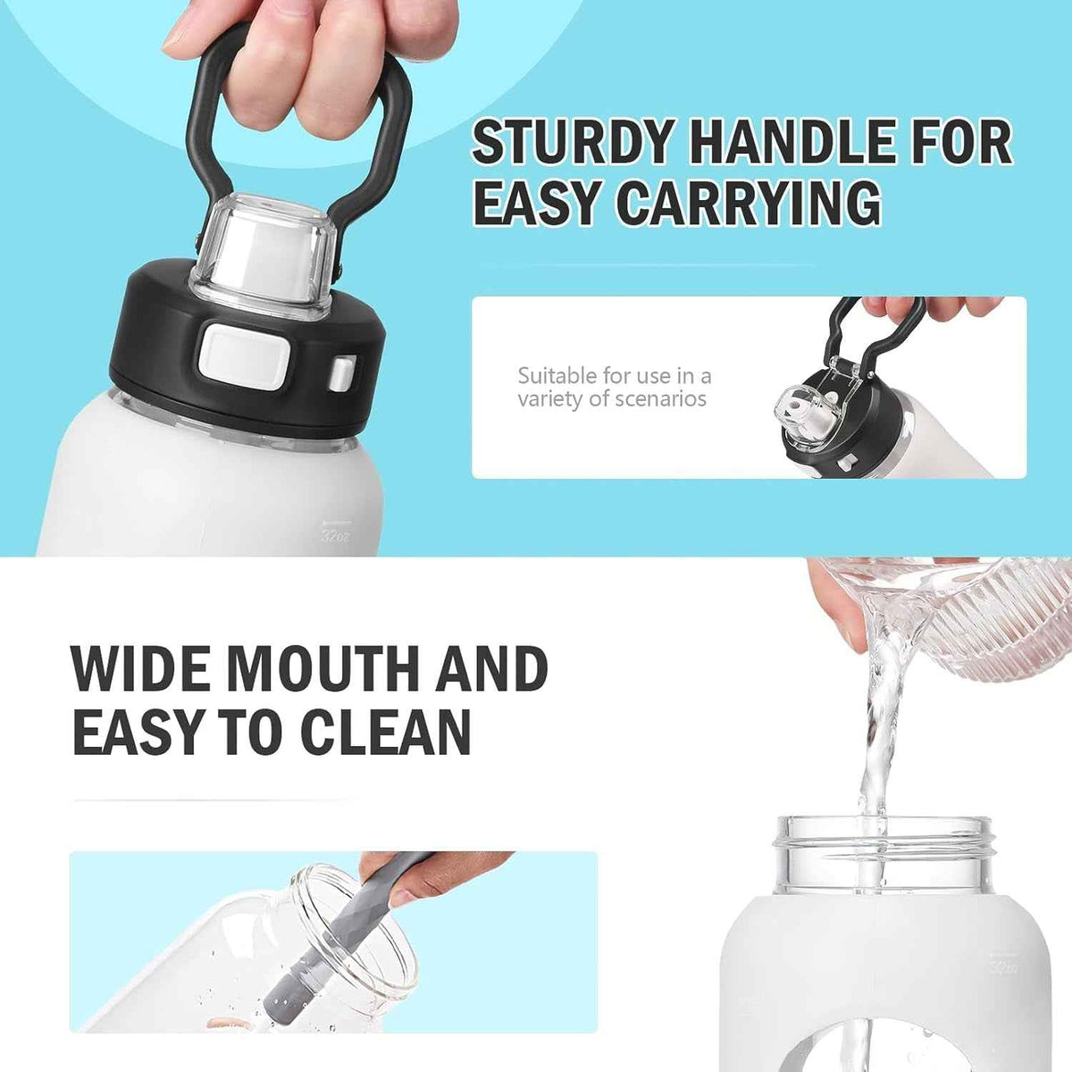 Water Bottle with Straw and Carry Handle, Glass Water Bottle 24 Oz Leak Proof Locking Lid with Soft Silicone Spout, Small Clear Water Bottle, Travel Sports Water Jug, Time Marker, White