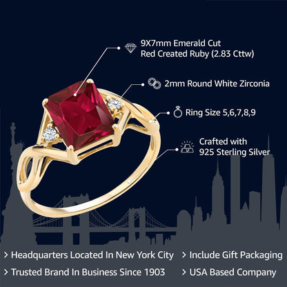 18K Yellow Gold Plated Silver Red Created Ruby Ring for Women (2.83 Cttw, Emerald Cut 9X7MM, Gemstone Birthstone, Available in Size 5, 6, 7, 8, 9)