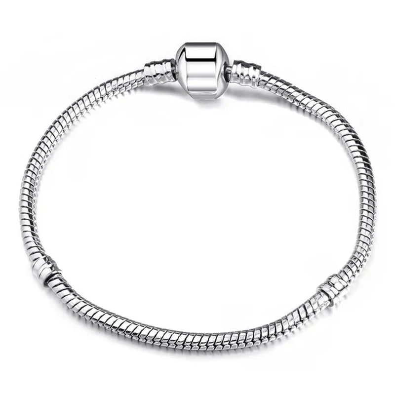 NEW Fashion 925 Sterling Silver White Flashing Double sided Heart Snake Chain Bracelet For European Bangle Bracelet Jewelery Making DIY
