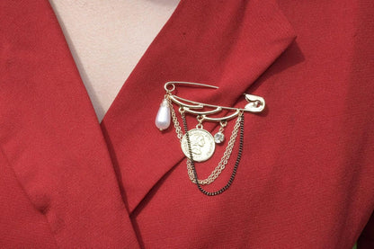 Paper Clip Long Chain Tassel Brooch Pin Waterdrop Pearl Crystal Dangle Lapel Pin Gold Coin Badge Brooch for Women Men Girls Sweater Shawl Clips Collar Pin
