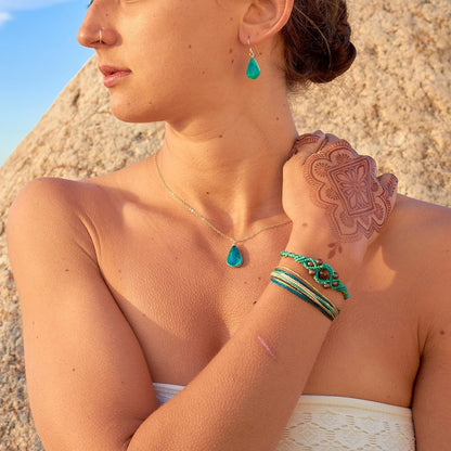 Chrysocolla Earrings Gold Filled Wire Wrap Dangle Blue Green Teardrop Stones - Handmade Healing Crystal Gemstone Jewelry Gift for Women by