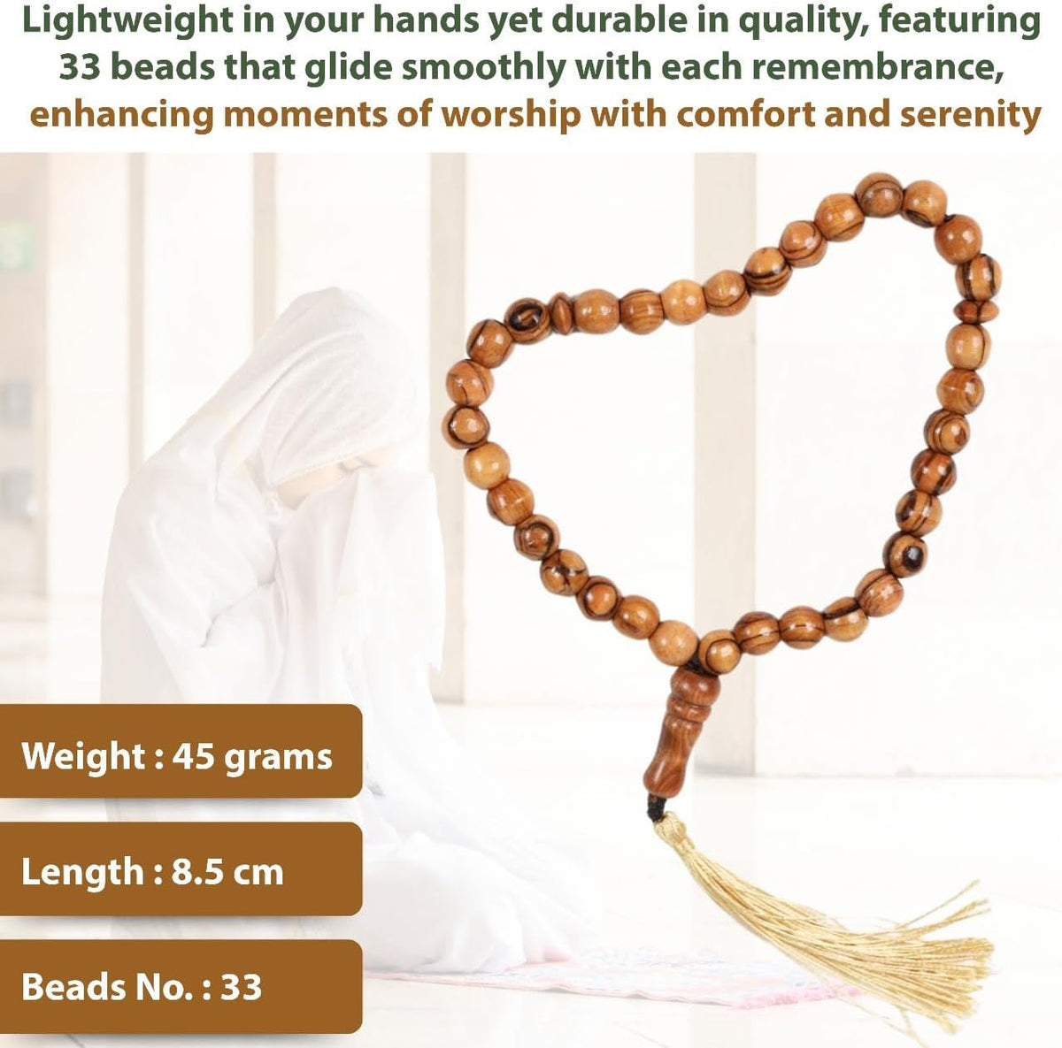 Masbaha 33 Beads Olive Wood from Jerusalem Islamic Prayer Beads Tasbeeh Muslim Rosary Quran Misbaha Tespih Dhikr Beads Sibha Tasbih Beads Muslim Worry Beads Islamic Beads Islamic Gifts