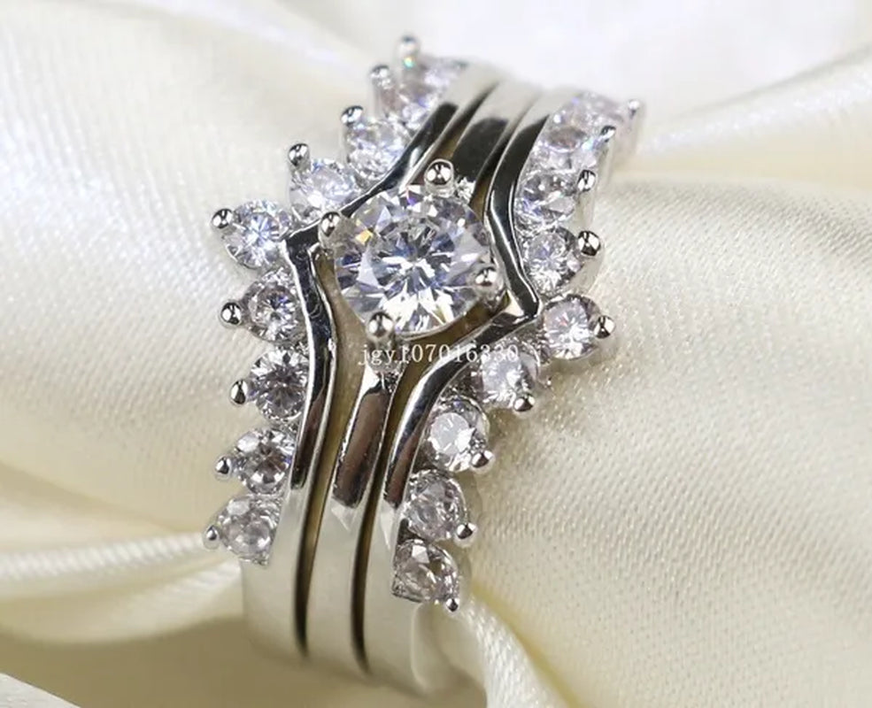 Round 5mm 1CT CZ Bridal Sets 10KT White Gold Filled Women's Wedding Ring 3 in 1  Band Gifts Sz 5-10