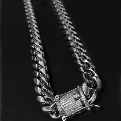 Men's Fashion 24K Gold/925 Silver Plated Solid 316L Stainless Steel Jewelry Shiny Diamond 1/2PCS Necklace Bracelet Miami Cuban Link Chain for Men 8/20/22/24/28/35inch