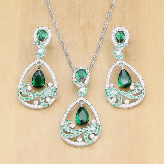 925 Silver Jewelry Sets Black Sapphire White Topaz Decoration For Women Party Earrings/Pendant Necklace Set