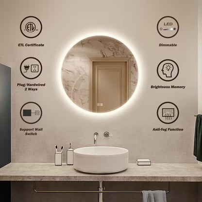 32 In. W X 32 In. H round Frameless LED Light with 3-Color and Anti-Fog Wall Mounted Bathroom Vanity Mirror