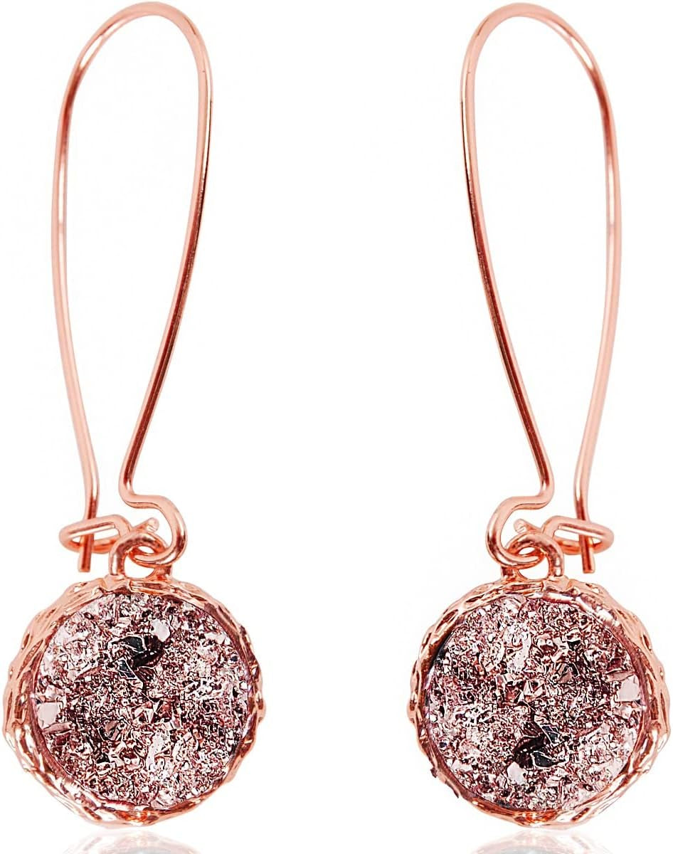 Humble Chic Simulated Druzy Threader Drop Earrings for Women - Gold, Silver, or Rose Gold Tone Trendy Boho Dangles with Sparkly Round Stone