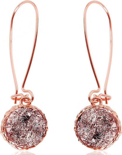 Humble Chic Simulated Druzy Threader Drop Earrings for Women - Gold, Silver, or Rose Gold Tone Trendy Boho Dangles with Sparkly Round Stone
