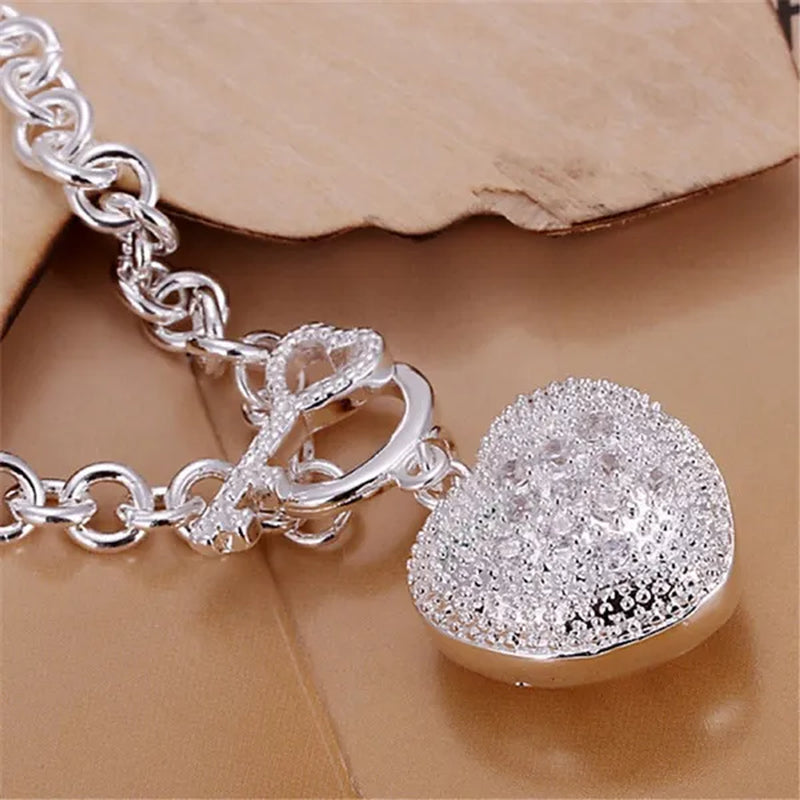 925 Sterling Silver Bracelet Jewelry Shiny Crystal Heart Key Bracelet for Women Christmas Gift