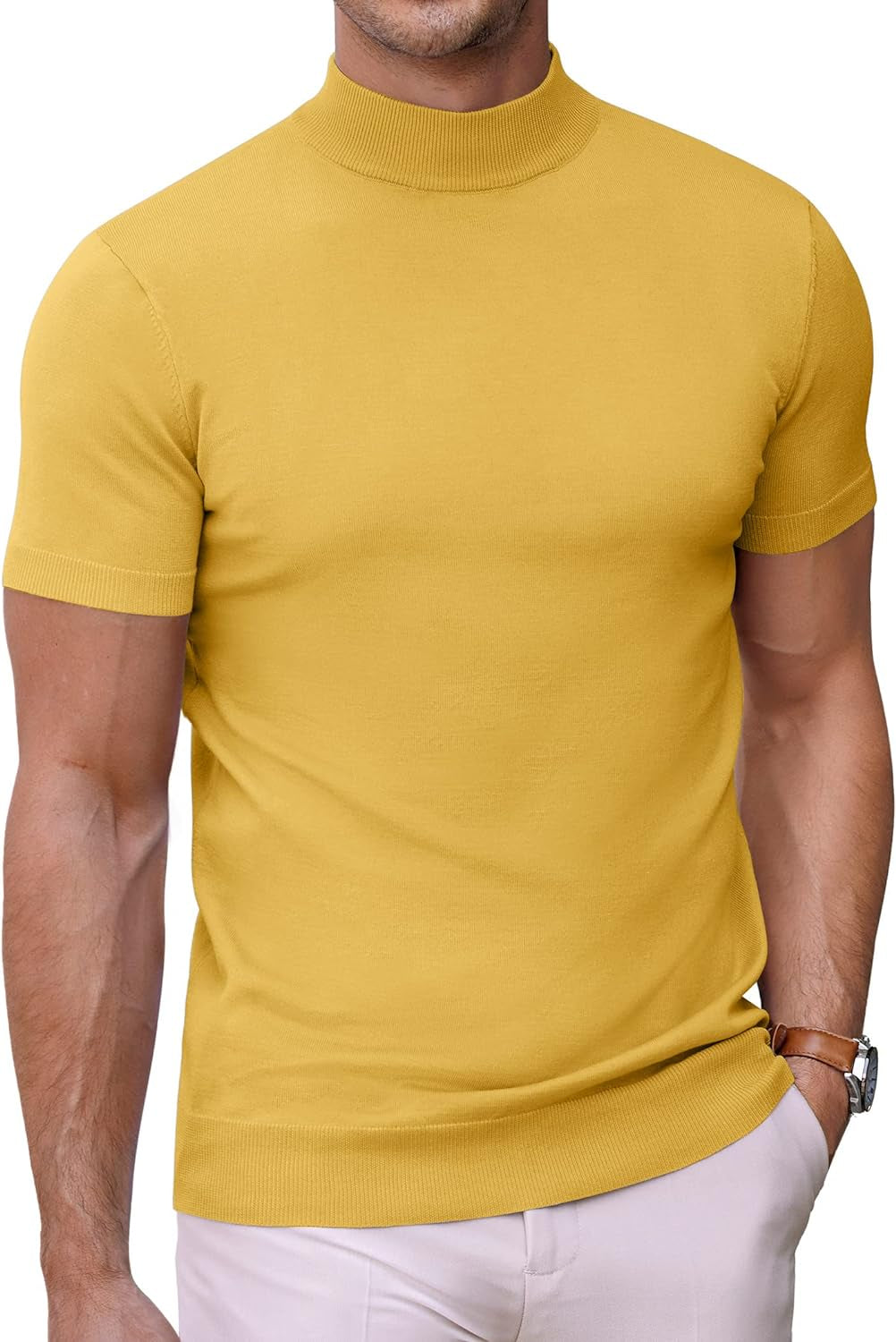Mens Mock Turtleneck Sweater Short Sleeve Solid Color T-Shirts Basic Slim Fit Knitted Pullover Tees