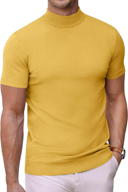 Mens Mock Turtleneck Sweater Short Sleeve Solid Color T-Shirts Basic Slim Fit Knitted Pullover Tees