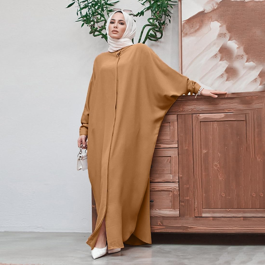 Muslim Dresses for Women Abaya Button down Henley Shirt Prayer Dress Batwing Long Sleeve Middle East Arabian Robe