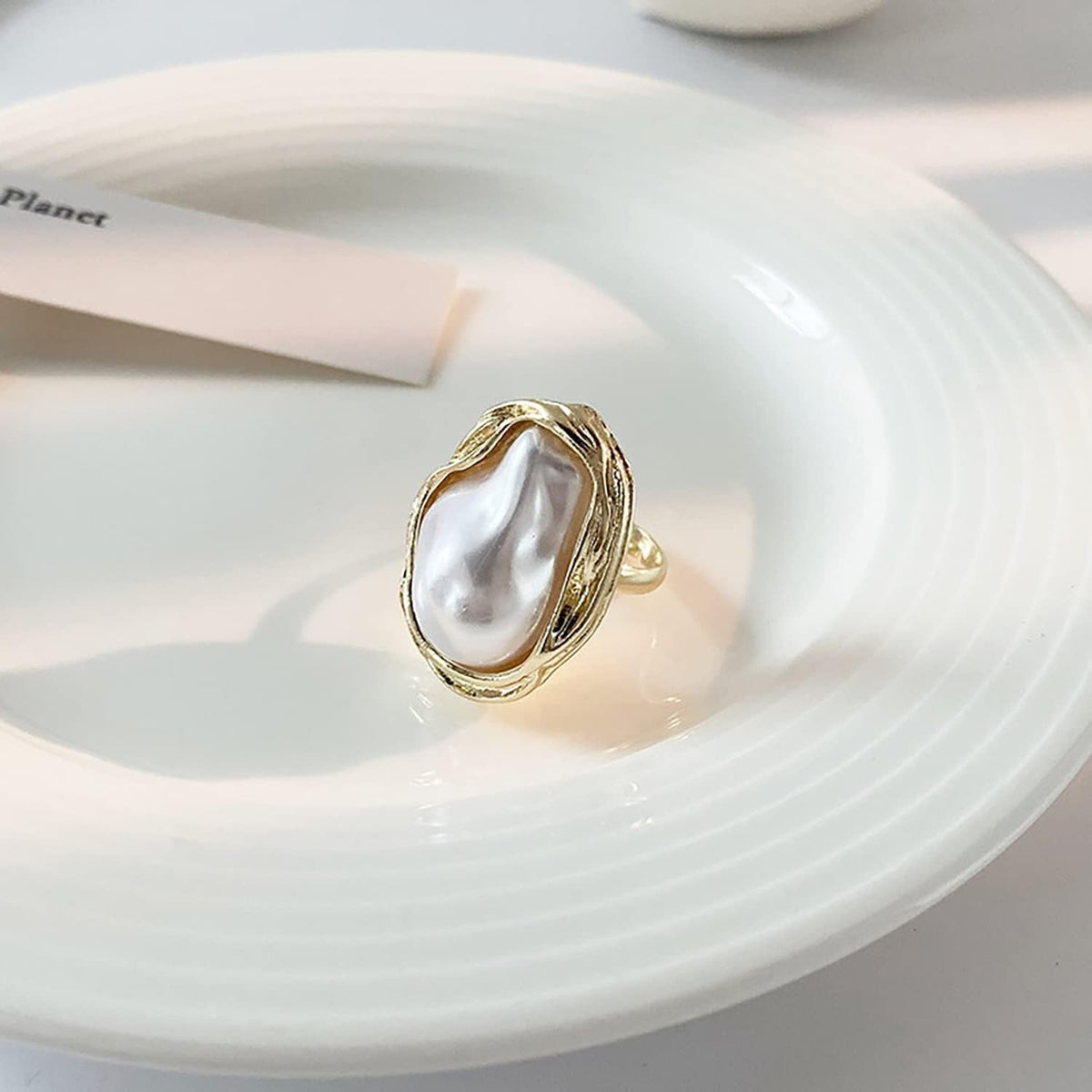 Baroque 18K Gold Pearl Statement Ring - Adjustable Chunky Pearl Wedding Jewelry for Women