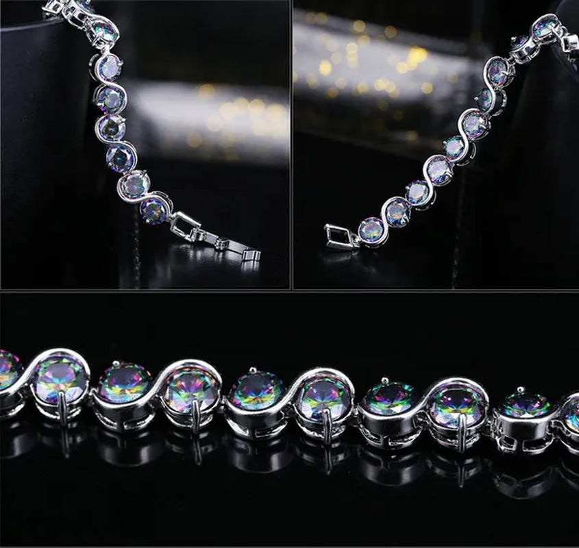 Gloriya Perfect Round Cut Mystic Rainbow Crystal Bangle Bracelets for Cocktail Party Lady Fashion CZ Silver Plated Jewelry Gifts