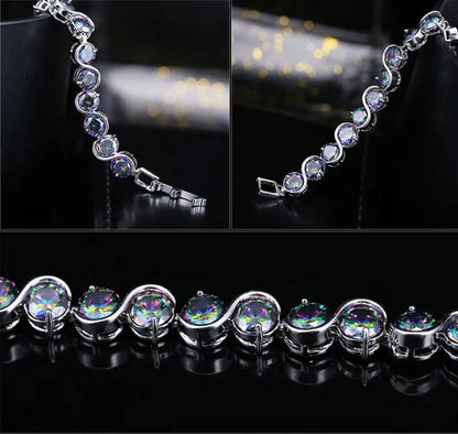 Gloriya Perfect Round Cut Mystic Rainbow Crystal Bangle Bracelets for Cocktail Party Lady Fashion CZ Silver Plated Jewelry Gifts