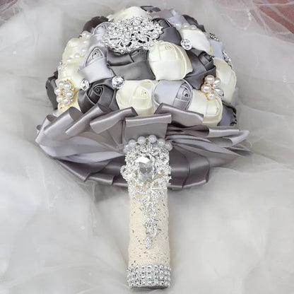 20CM Mixed Color Silk Ribbon Rose Wedding Flower Bouquet Luxury Pearl Crystal Brooch Bridal Bouquet Handmade Creative Bridesmaid Holding Flowers