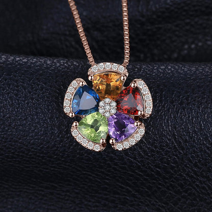 Multicolor Flower 2.6Ct Genuine Amethyst Citrine Garnet Peridot Blue Topaz Pendant Necklaces for Women, 925 Sterling Silver Natural Gemstones Jewelry Sets 18 Inches Chain
