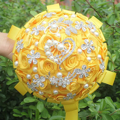 Customized Gold Yellow Silk Rose Wedding Bouquet Diamond Pearl Brooch Bride Bouquet Ribbon Bridesmaid Bouquet Wedding Simulation Flower