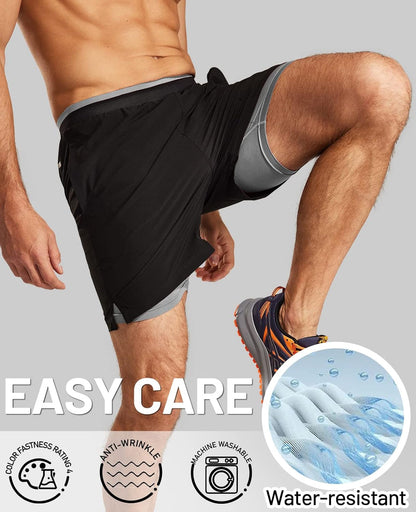 Men'S 2 in 1 Running Shorts with Liner 5" Quick Dry Gym Workout Athletic Shorts with Pockets, Lightweight, Breathable