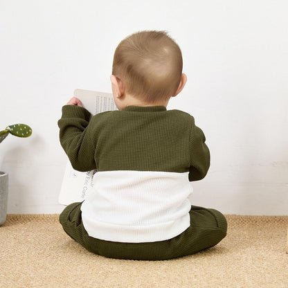 Baby Boy Clothes Fall Winter Waffle Knit Contrast Color Sweatshirt Tops Casual Pants Set Toddler 2Pcs Outfit