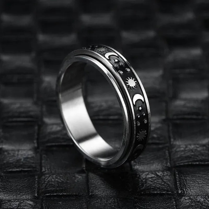 Couple Rings Rotatable Fidget Rings Stainless Steel Sun Moon Star Dot Waves Cat Pattern Spinner Ring Jewelry Gift for Women Men Boyfriend Girlfriend
