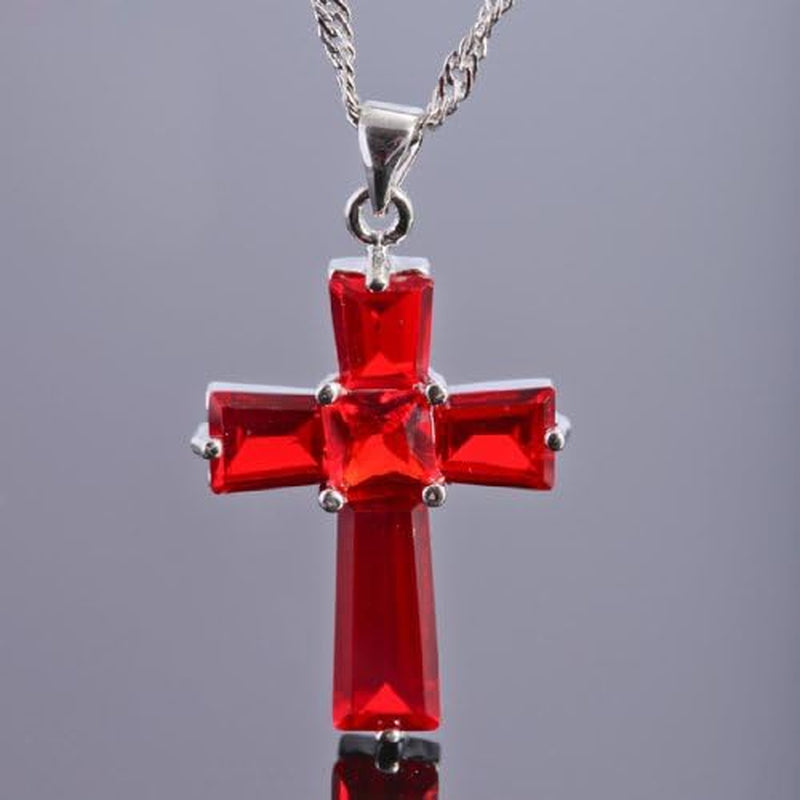 Cross Pendant with 18" Chain & Trapezoid Square Cut CZ [7 Colors Available] in White Gold Plated, Simple Modern Elegant