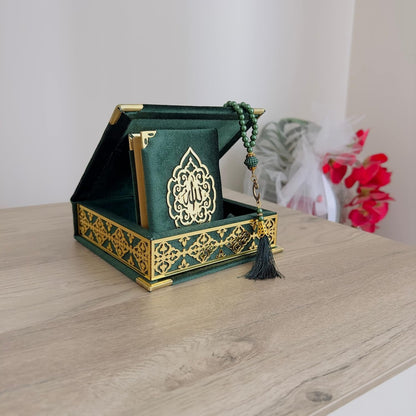 Velvet Covered Quran Tasbeeh Islamic Gift Set | Holy Prayer Beads Wooden Box Birthday, Wedding Islam Graduation Muslim Favor Eid, Ramadan (Green), Small Size / (6 X 6 In) Box-(3.8 4.85