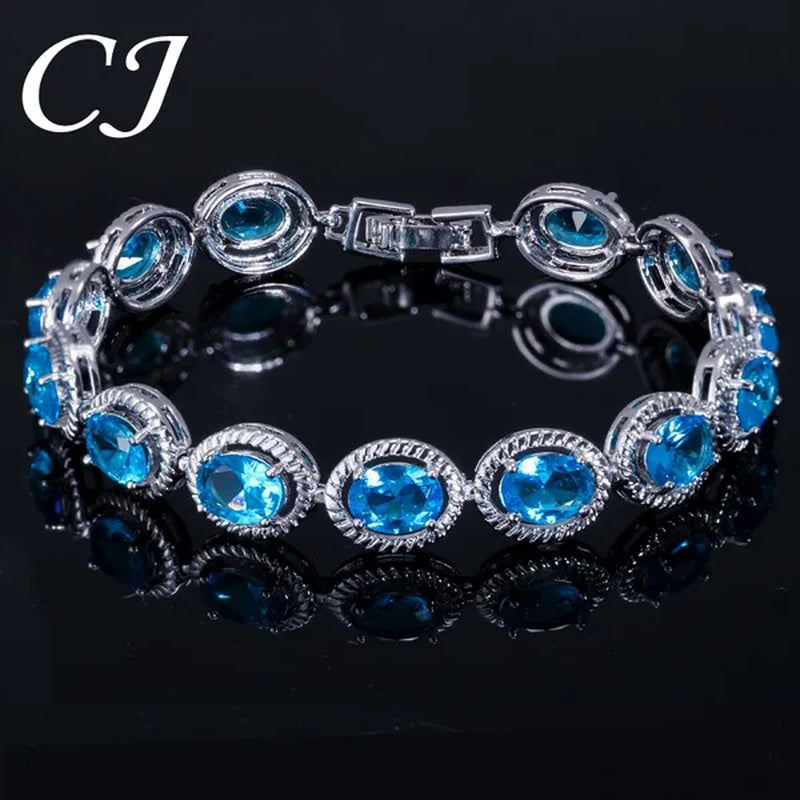 CANDICE Luxury Quality Oval Blue Crystal Women Strand Bracelet Bangles Setting Stylish Silver Plating CZ Hand Jewelry for Lady Anniversary Birthday Gifts