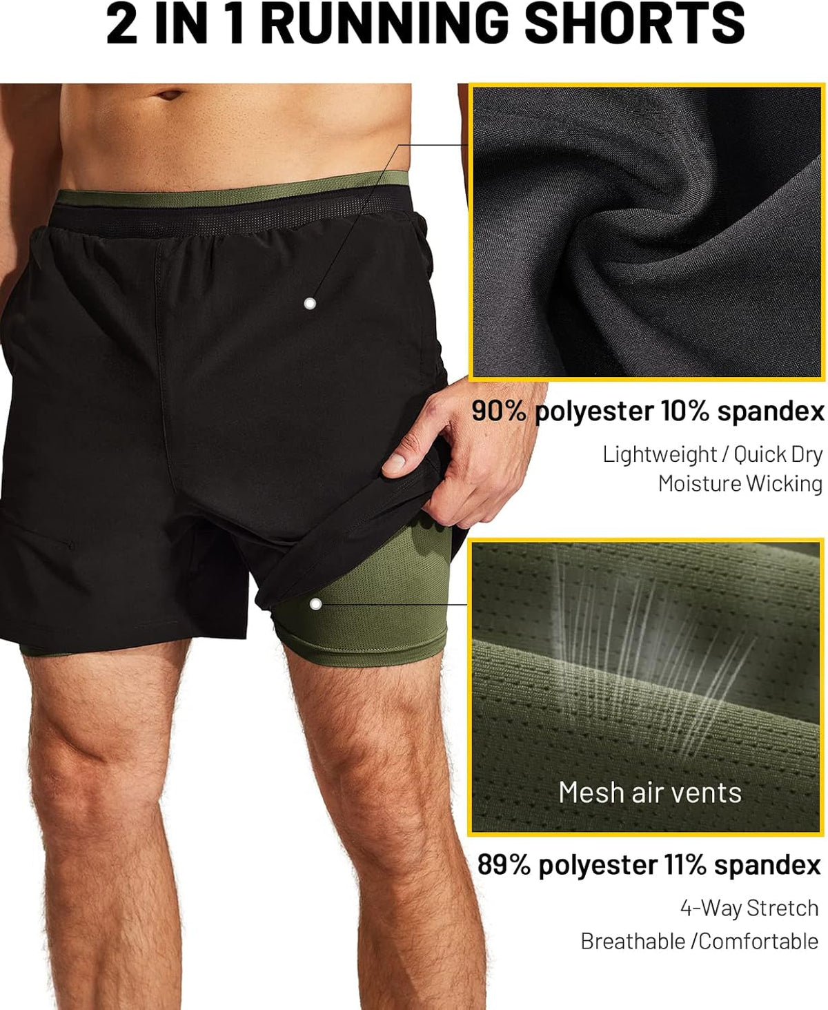 Men'S 2 in 1 Running Shorts with Liner 5" Quick Dry Gym Workout Athletic Shorts with Pockets, Lightweight, Breathable