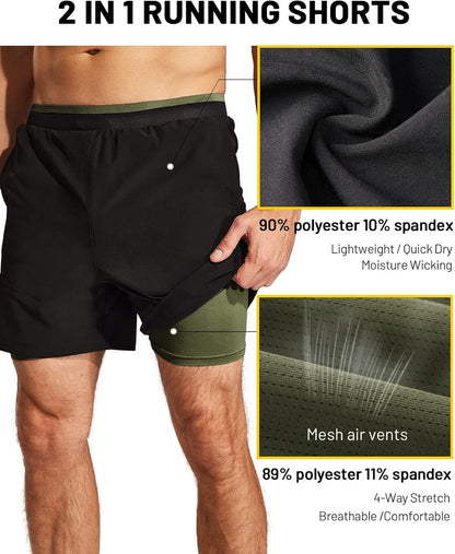 Men'S 2 in 1 Running Shorts with Liner 5" Quick Dry Gym Workout Athletic Shorts with Pockets, Lightweight, Breathable