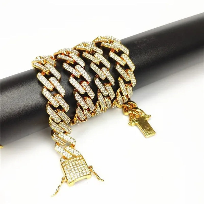 Iced Out Cuban Link Chain Necklace Chain Hip Hop Jewelry Choker Gold Silver Chain for Men Rapper Necklaces Bracelet 8-30 Inch