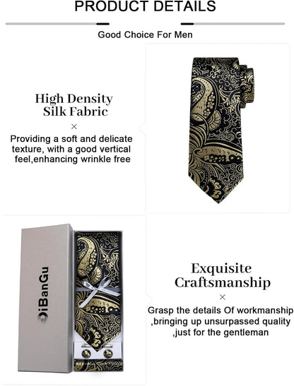 Paisley Ties for Men Silk Necktie and Pocket Square Cufflinks Tie Clip Set Woven Classic Mens Tie for Wedding Party