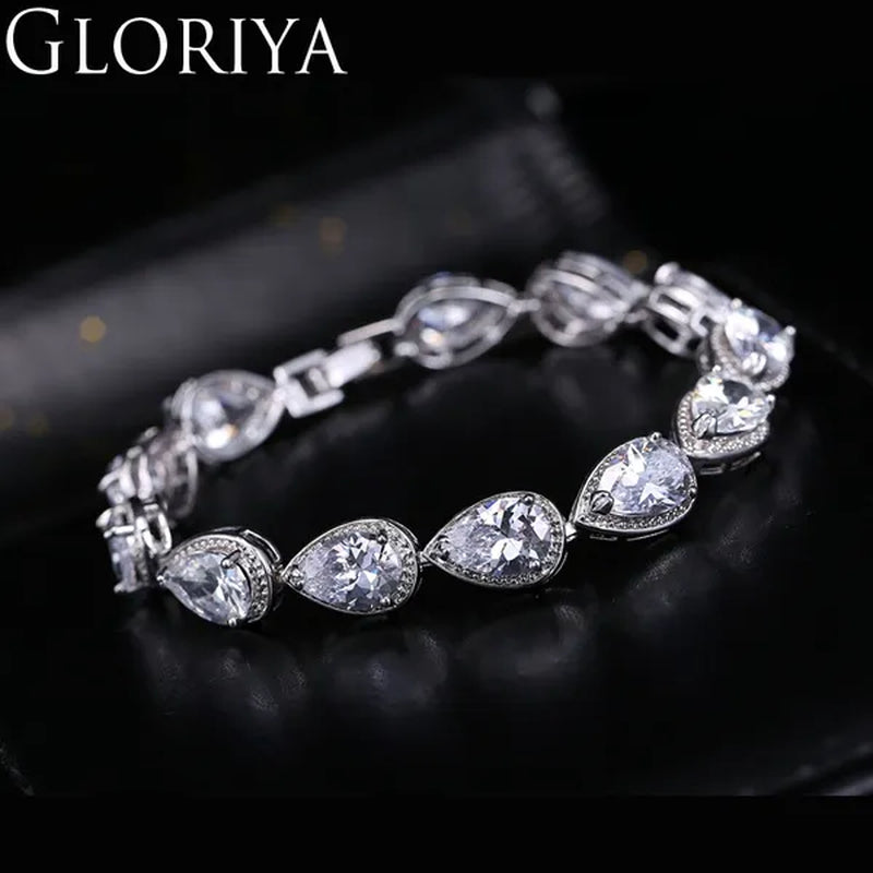 Gloriya Fashion Brand Dazzling Wedding Jewelry For Luxury Pear Cut CZ Zirconia Setting White Gold Plated Woman Party Bracelets Bangles（Size :18 cm + 3 cm）