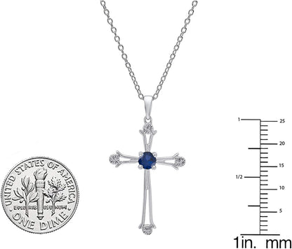 4 MM round Gemstone Ladies Cross Pendant (Silver Chain Included), Sterling Silver