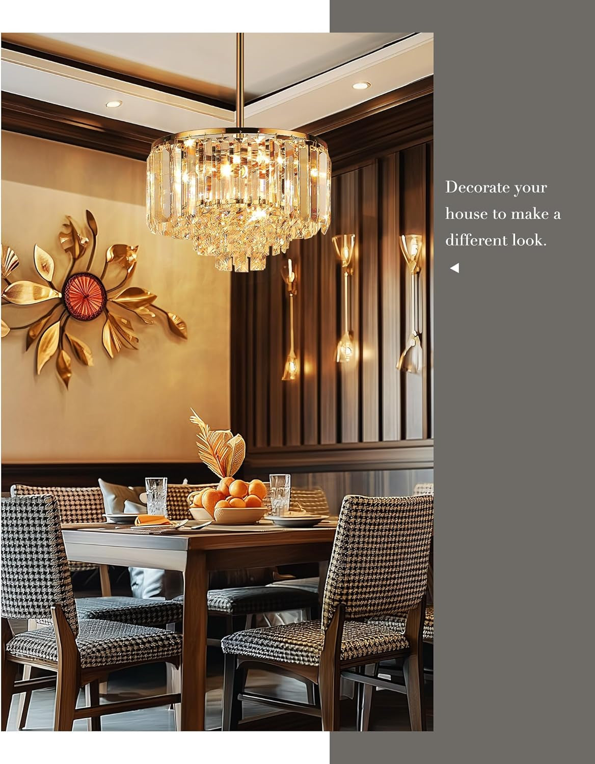 Gold Chandelier, 4-Tier Crystal Chandelier, Modern Pendant Light for Dinning Room Kitchen Island Bedroom Entryway, CC4215-3W-G