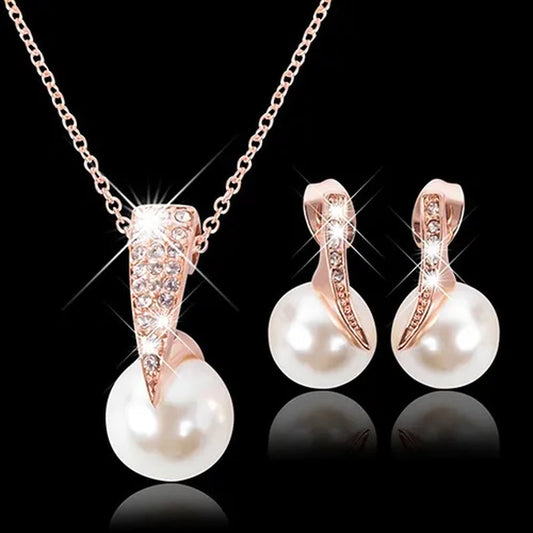 Crystal Wedding Jewelry Set Bride Rose Gold Crystal Faux Pearl Pendant Necklace Earrings