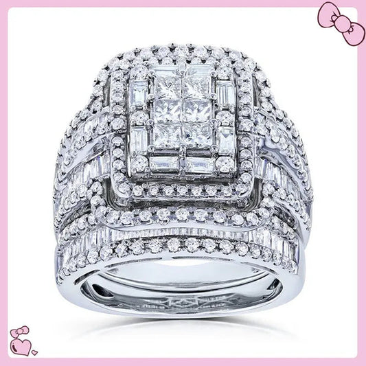 2pcs 100% Original 925 Silver Wedding Band Rings Princess Cut Zirconia Diamond Rings Set for Elegant Women Bridal Lover Rings Gifts Size5-11