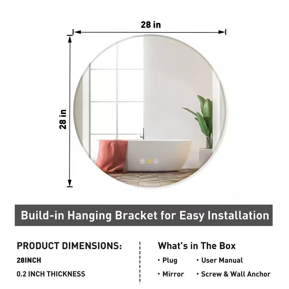 RS 28 In. W X 28 In. H round Beveled Edge 3 Colors Dimmable LED Anti-Fog Memory Wall Mount Bathroom Vanity Mirror