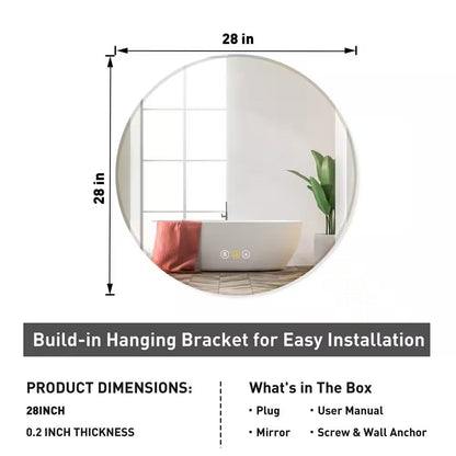 RS 28 In. W X 28 In. H round Beveled Edge 3 Colors Dimmable LED Anti-Fog Memory Wall Mount Bathroom Vanity Mirror