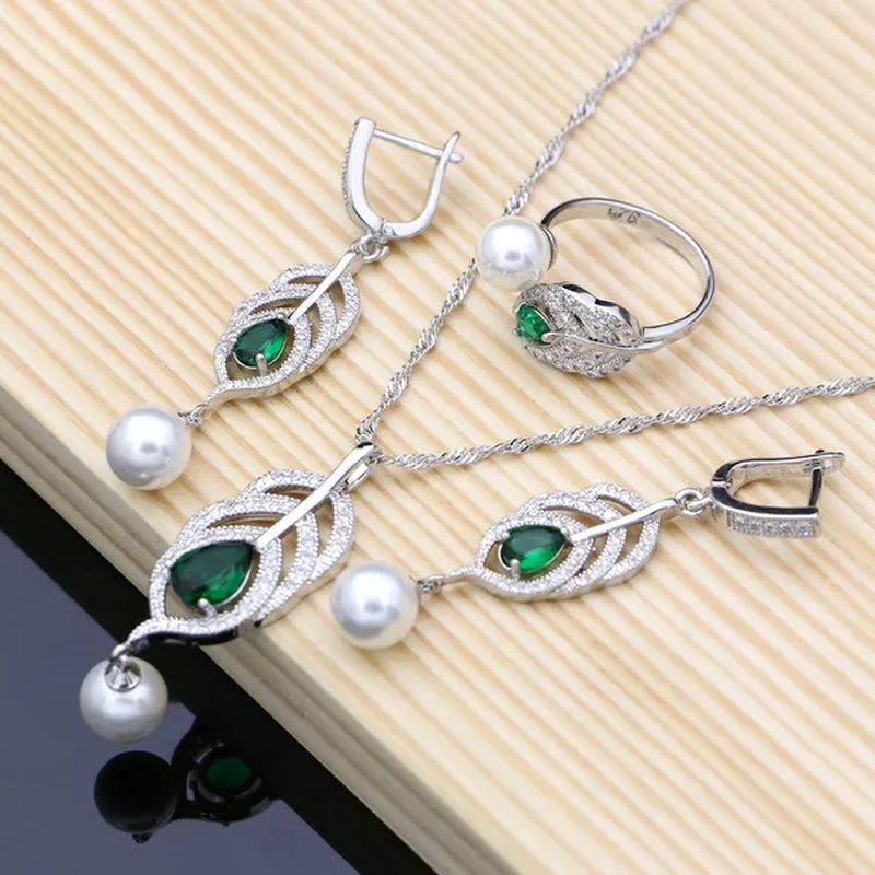 925 Sterling Silver Bridal Jewelry Sets Green Emerald with Pearls Beads Women Wedding Earrings/Pendant/Necklace/Ring/Bracelet