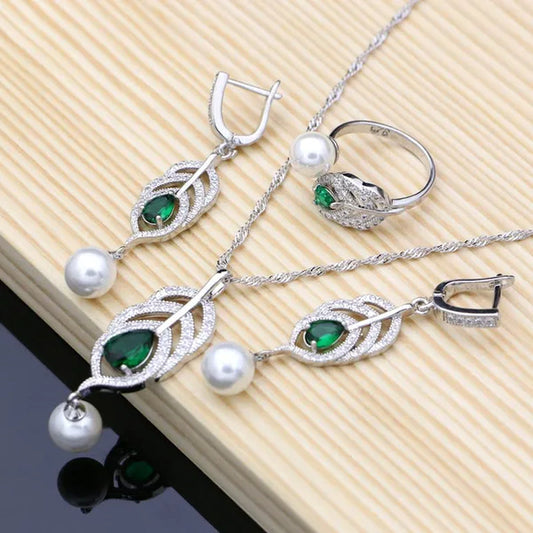 925 Sterling Silver Bridal Jewelry Sets Green Emerald with Pearls Beads Women Wedding Earrings/Pendant/Necklace/Ring/Bracelet