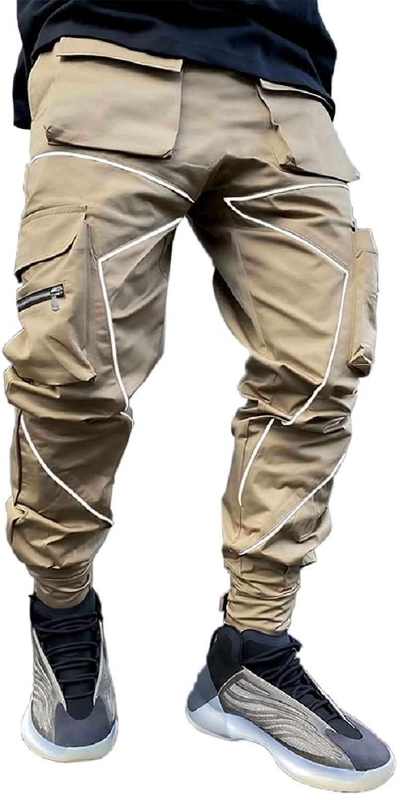 Mens Cargo Pants Hip Hop Techwear Harem Pant Jogger Sweatpants with Pockets Jogging Punk Khaki XL
