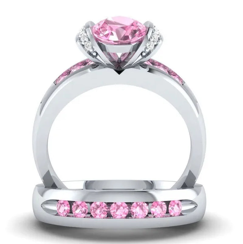 Natural Pink Sapphire & Diamond Round Cut Engagement Wedding 18 K White Gold Filled Ring